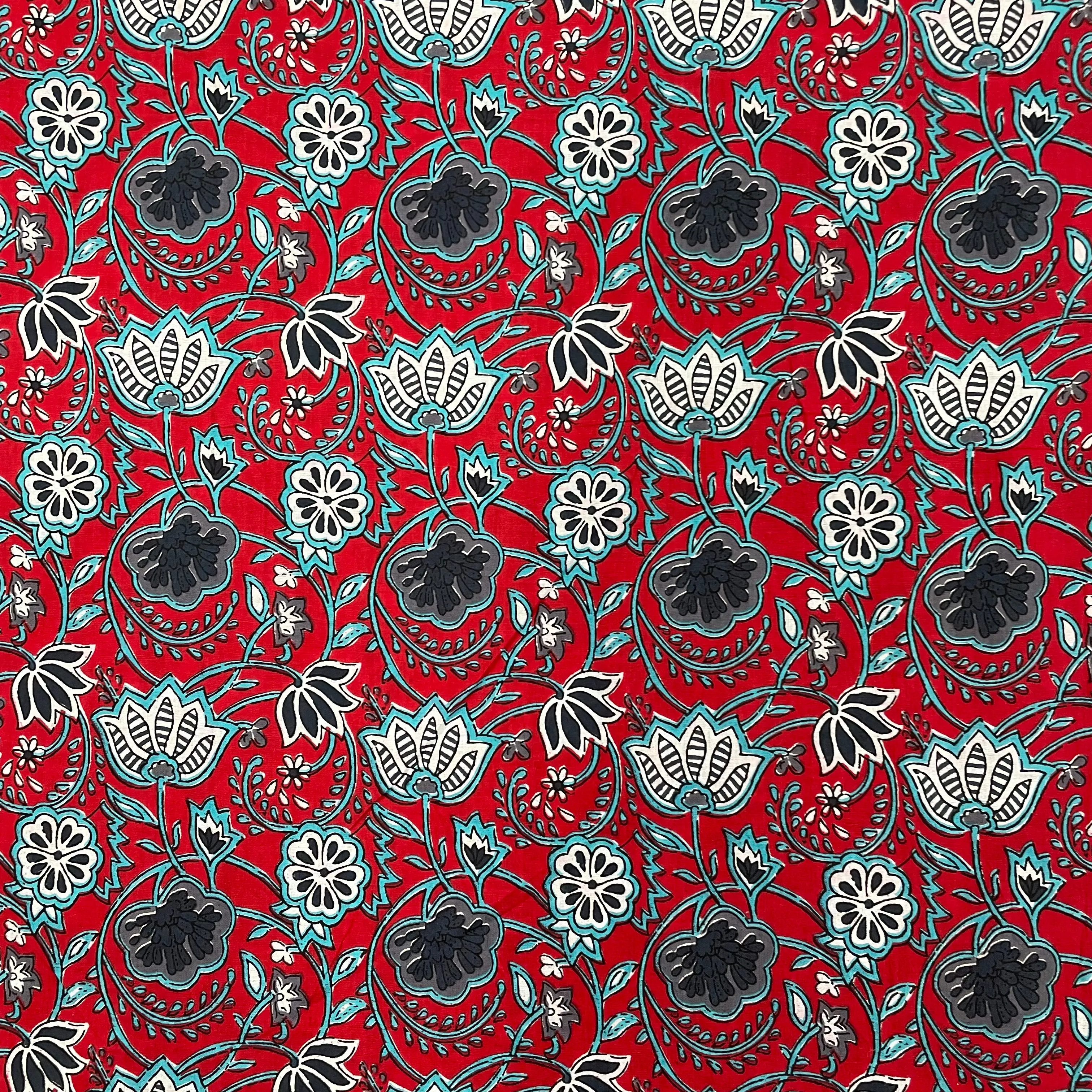 Red With Blue Floral Print Cotton Fabric