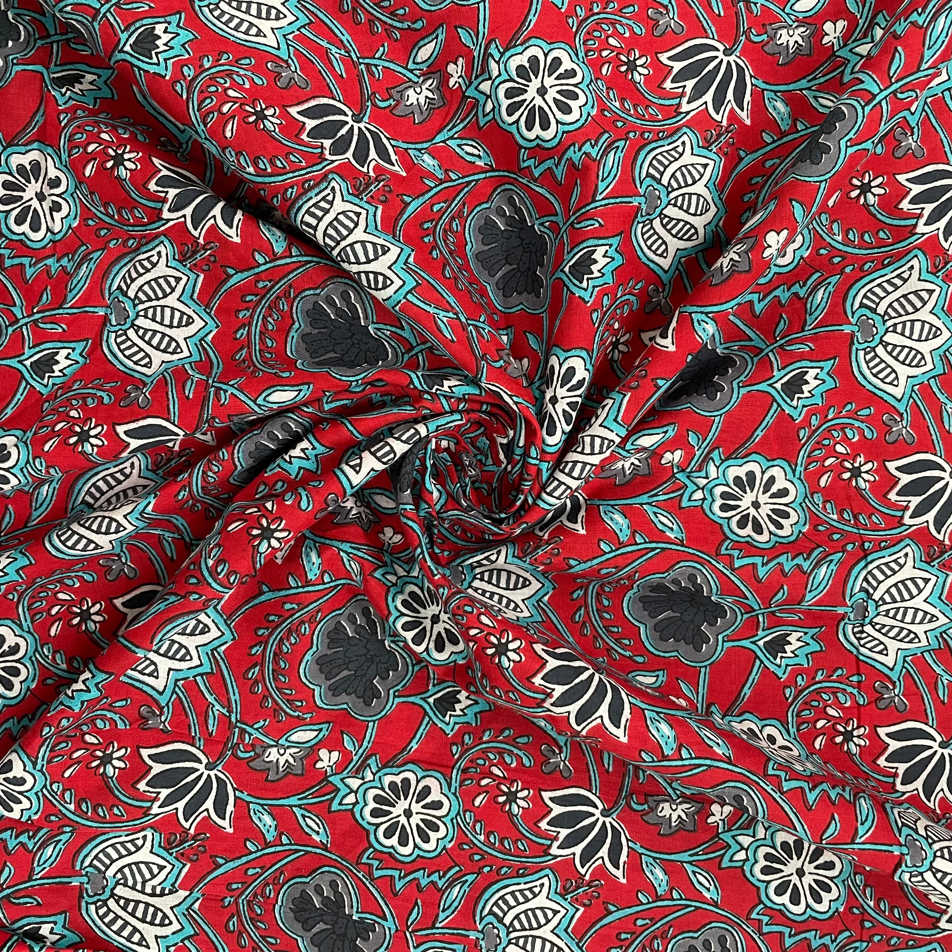 Red With Blue Floral Print Cotton Fabric