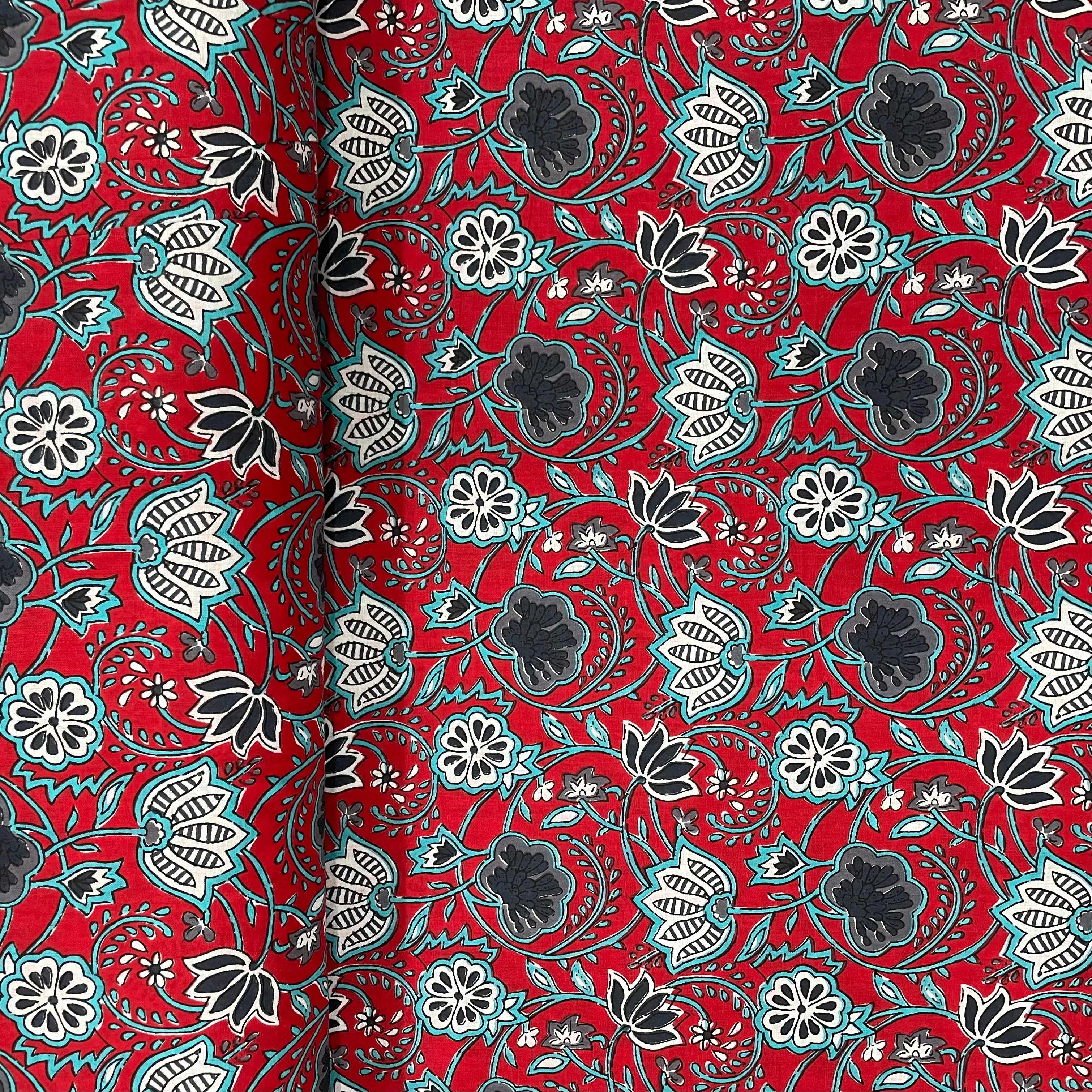 Red With Blue Floral Print Cotton Fabric