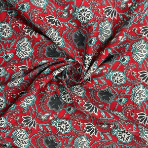 Red With Blue Floral Print Cotton Fabric