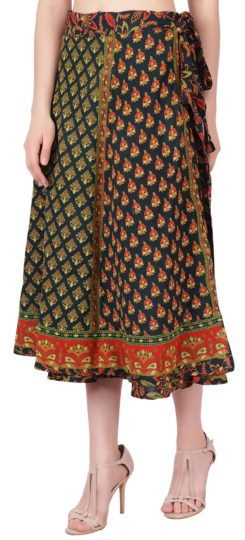 Block Printed Long Wrap Skirt Women's India Cotton (Green, One Size)