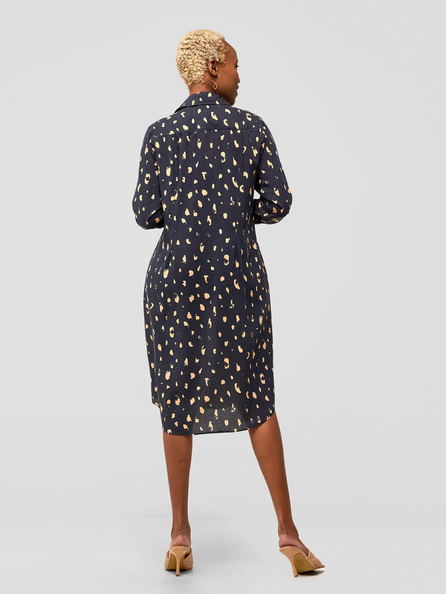 Vivo Yumi Long Sleeve Shirt Dress - Dark Navy Blue Print