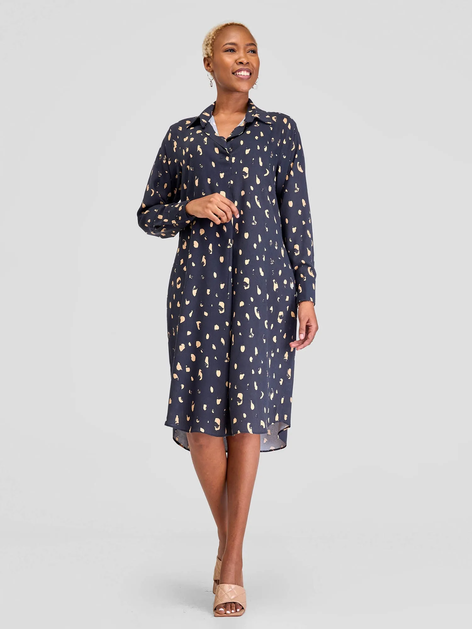 Vivo Yumi Long Sleeve Shirt Dress - Dark Navy Blue Print