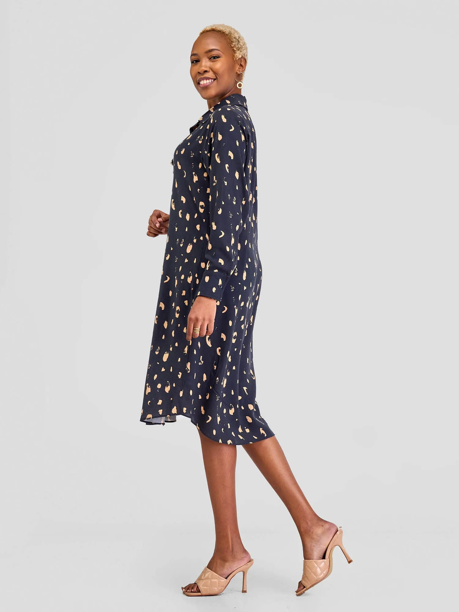 Vivo Yumi Long Sleeve Shirt Dress - Dark Navy Blue Print