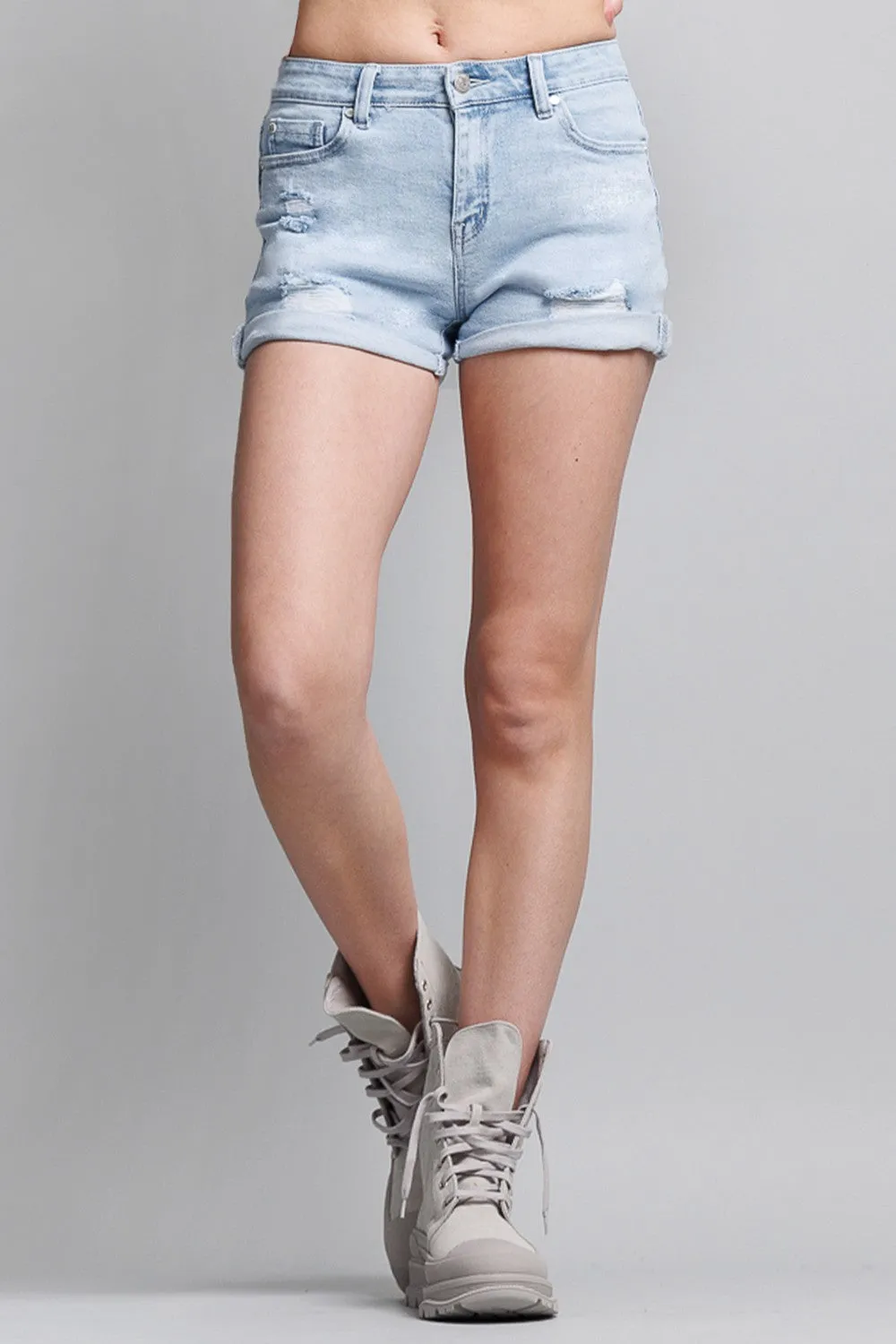 Woman Mid-Rise Roll Cuffed Ripped Denim Short