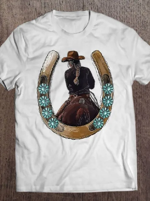 Womens Retro Cowgirl Horseshoe Rodeo Western Cowgirl Peace Lovers T-Shirts