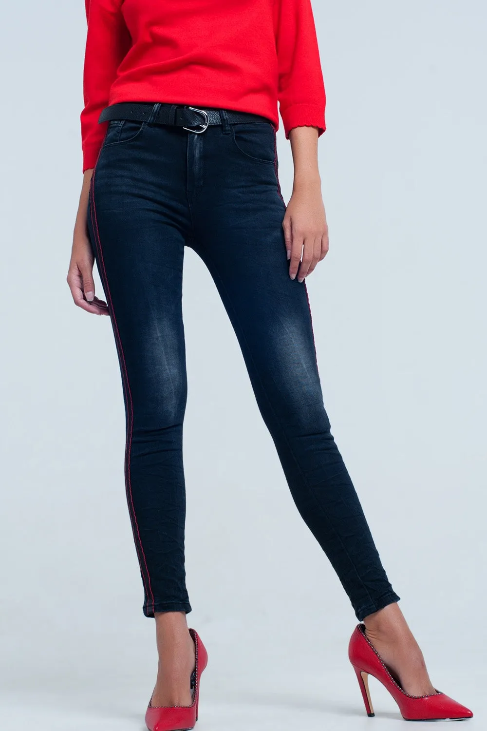 Black Skinny Leg Jeans with Side Stripe by Q2