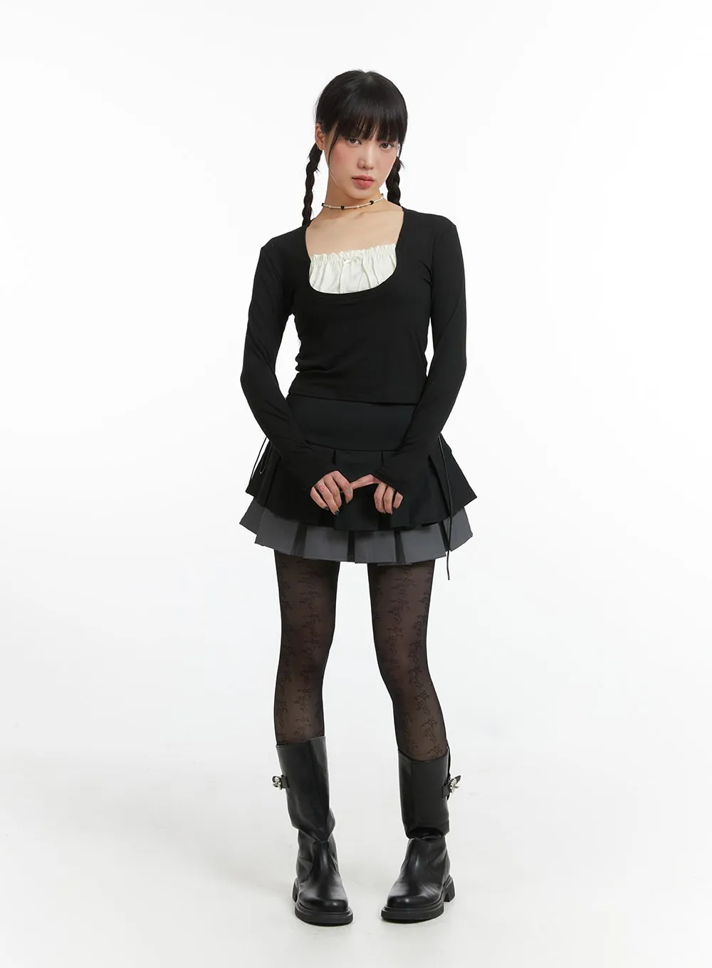 Two-Layered Pleated Mini Skirt IJ411