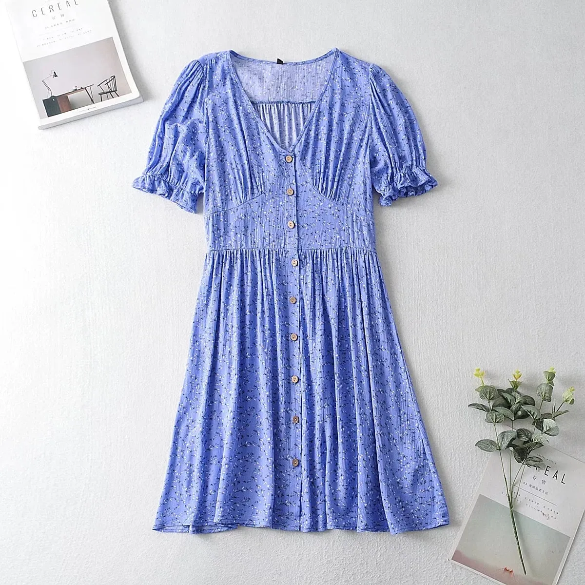 Ashore Shop Blue Floral Print Summer Beach Dress Women Casual Holiday Short Sleeve Dress Boho Sundress Vestidos Fashion Clothes