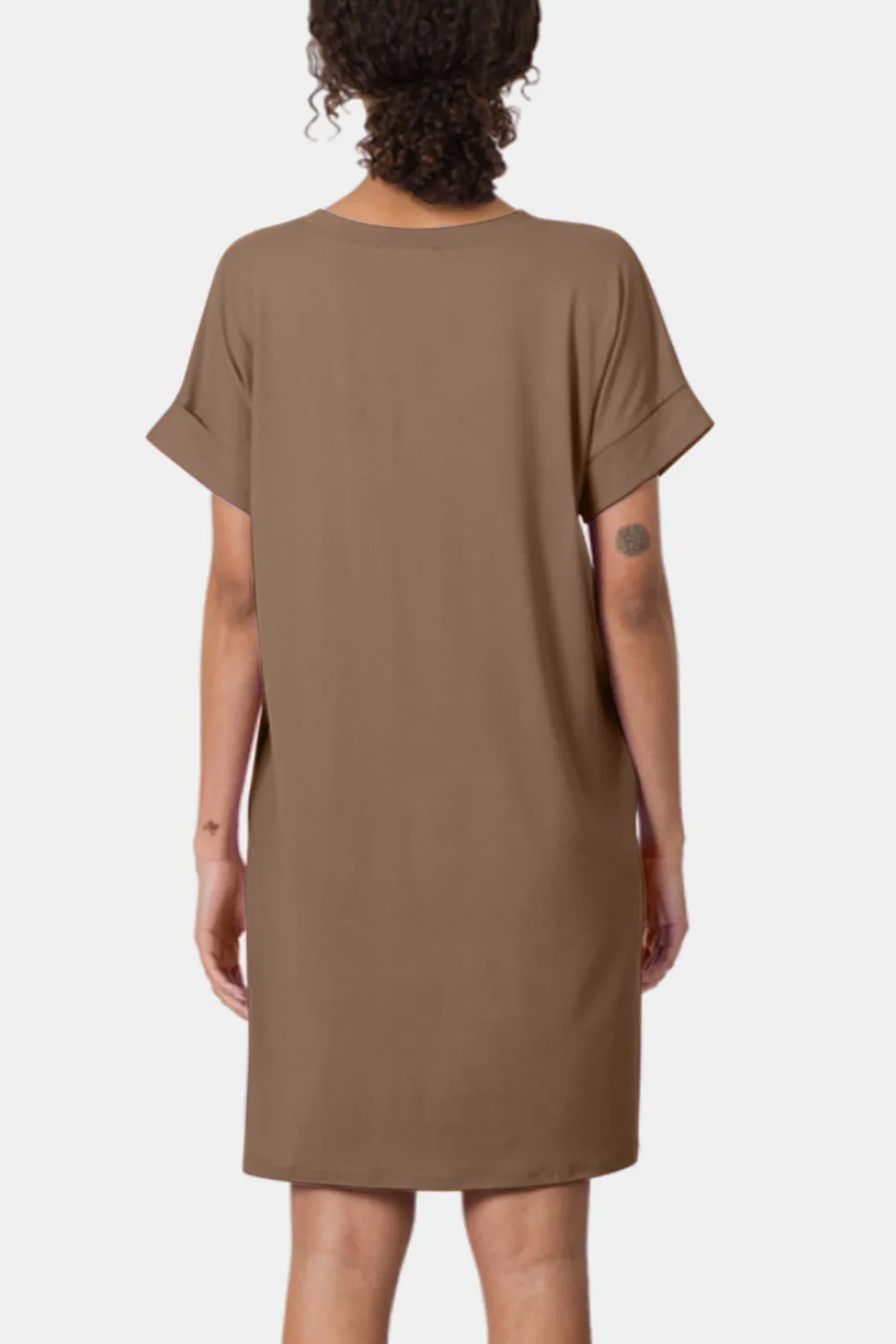 Mocha Rolled Short Sleeve V-Neck Dress