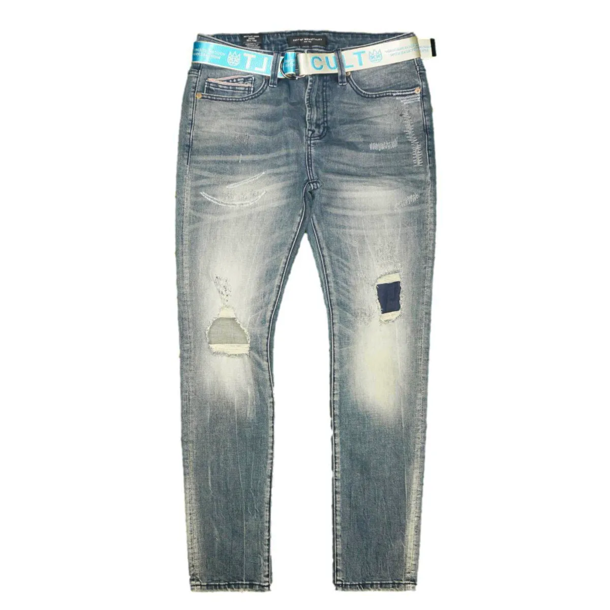 Belted Knee Rip Skinny Denim (Moss Blue) /C8