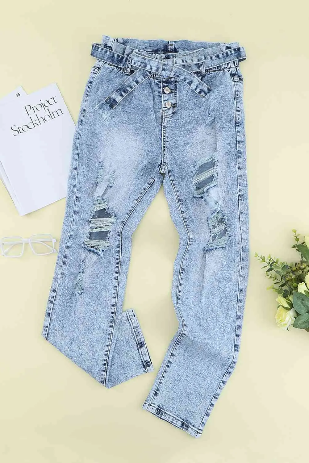 Acid Wash Belted Button Fly Distressed Jeans