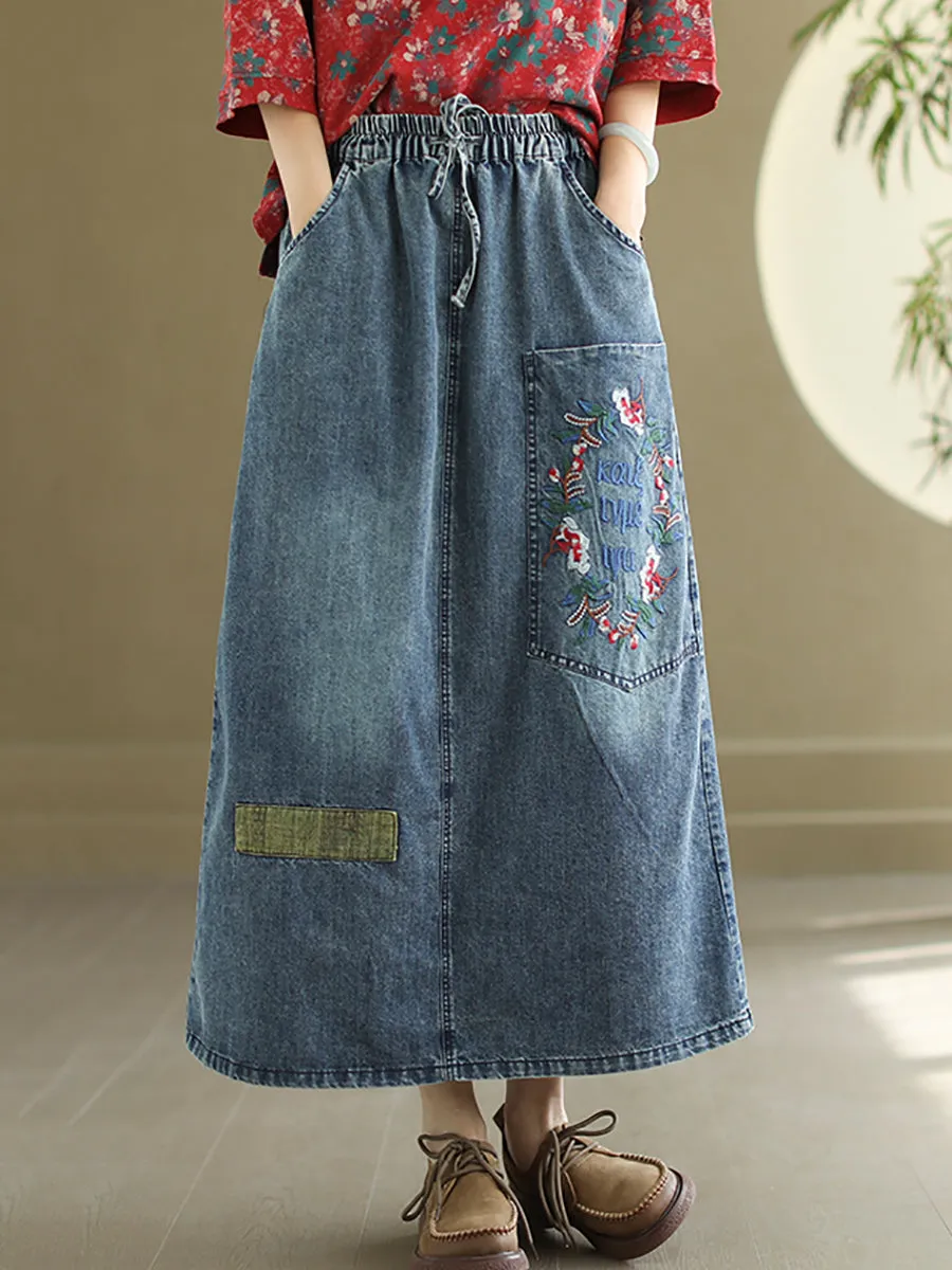 Women Artsy Flower Embroidery Denim Skirt CO1053