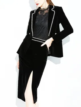 Women Black Suede Blazer Suit and Pencil Skirt Set