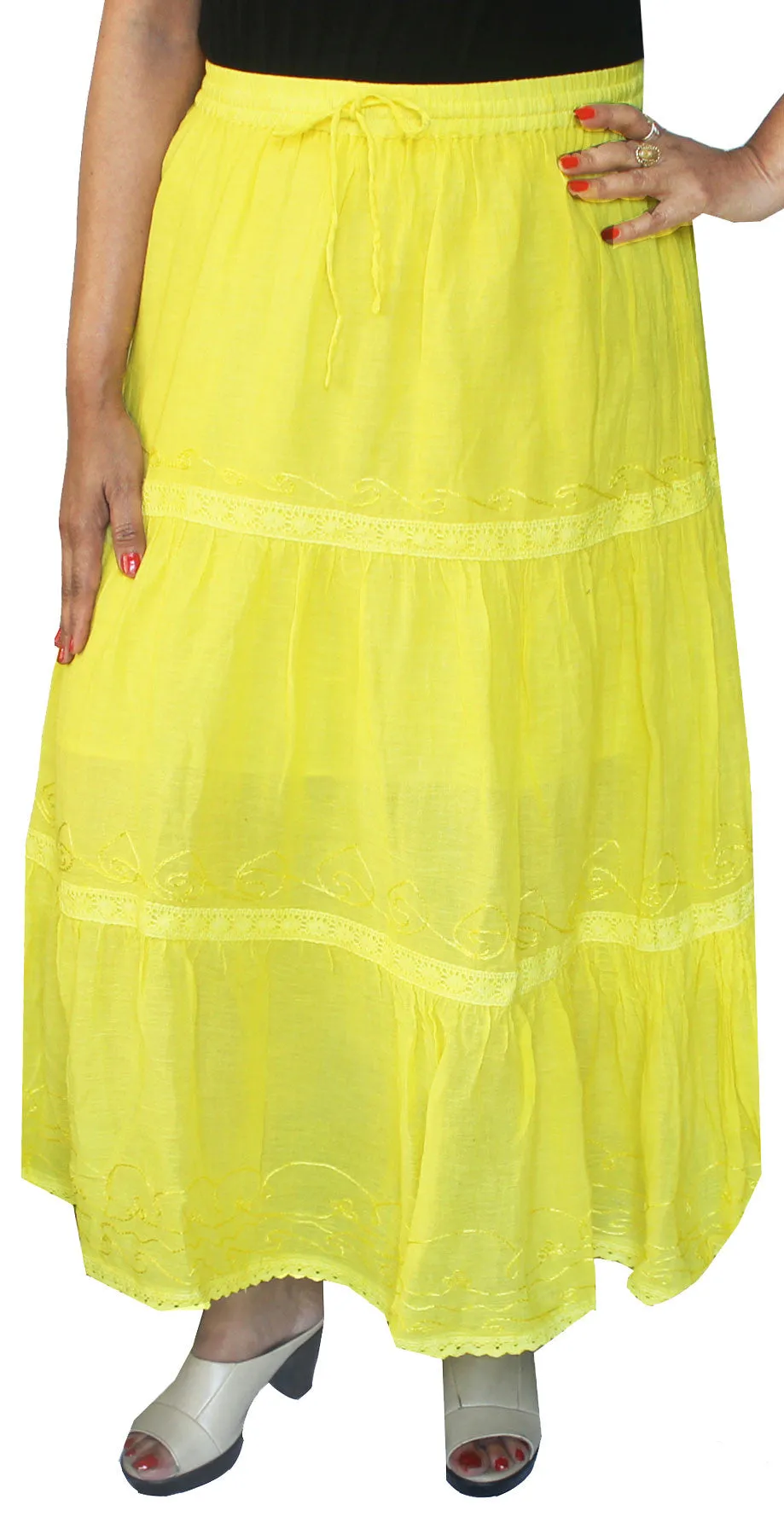 Womens Solid Embroidered Cotton Womens Skirt Indian Clothing (Yellow)