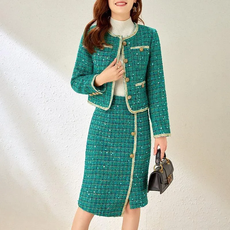 Checked Sequined Tweed Skirt Suit