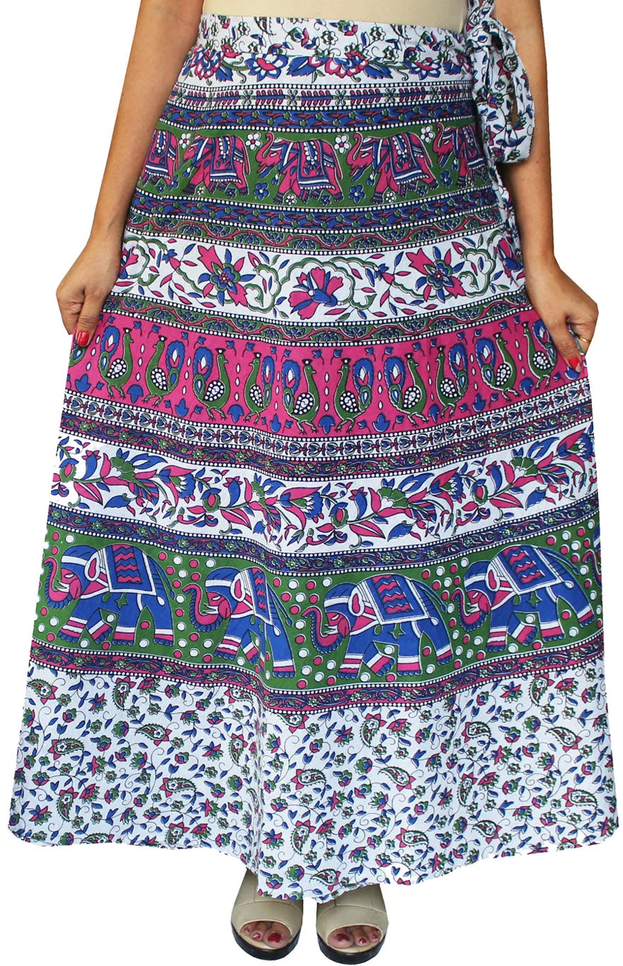 Indian Skirt Women's Cotton Printed Long Wrap Around Skirt (Blue, One Size)