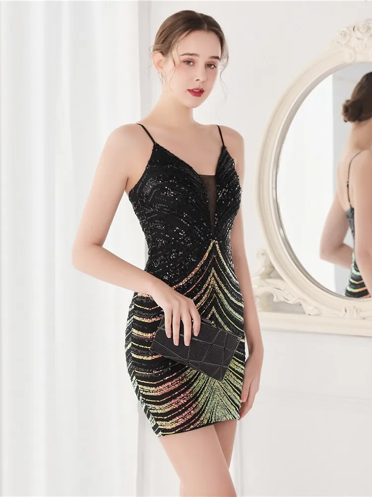 Ashore Shop Elegant Women Short Evening Dress Sexy Straps Sequin   Party Dresses Black Gold