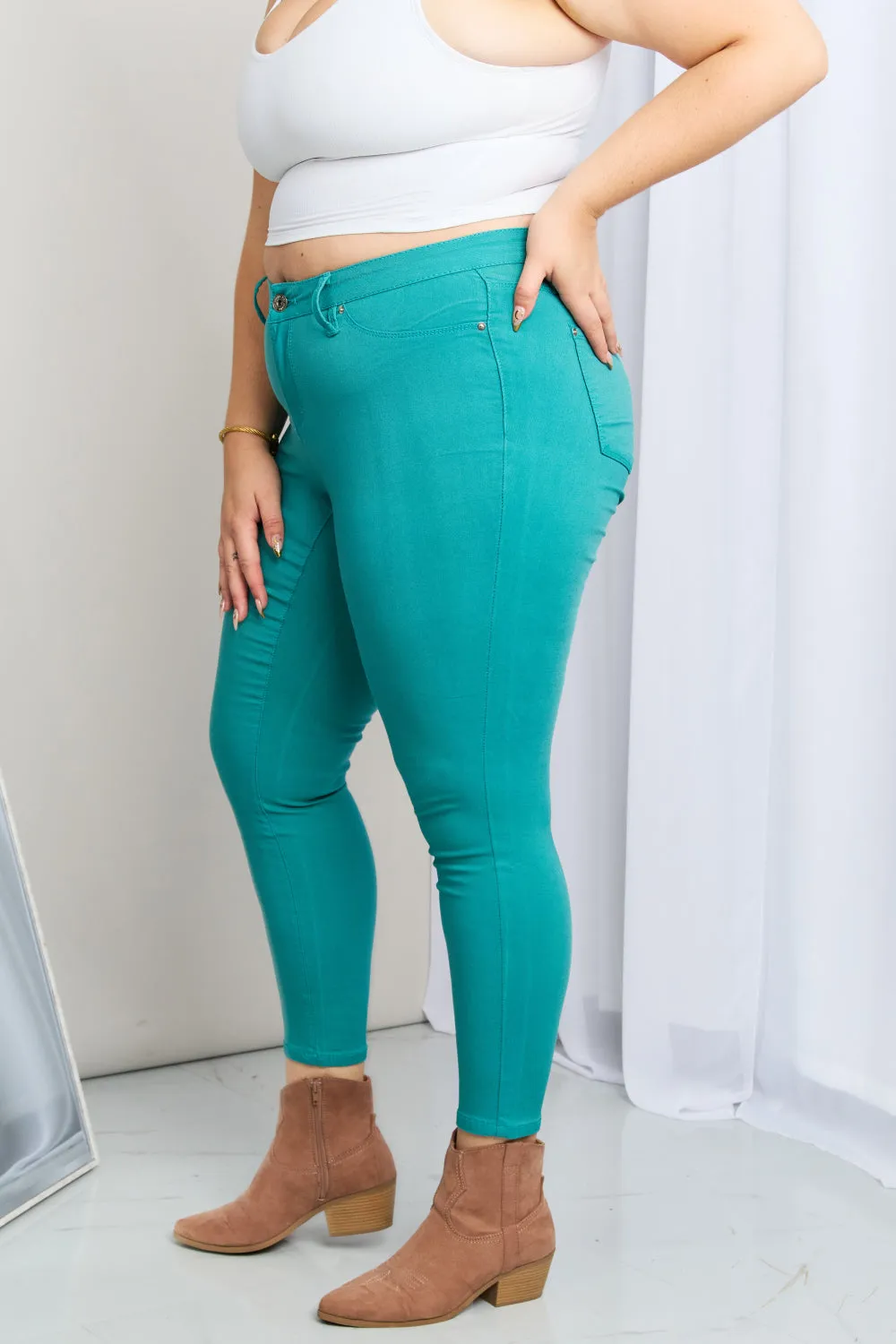 YMI Jeanswear, Kate Hyper-Stretch Full Size Mid-Rise Skinny Jeans in Sea Green